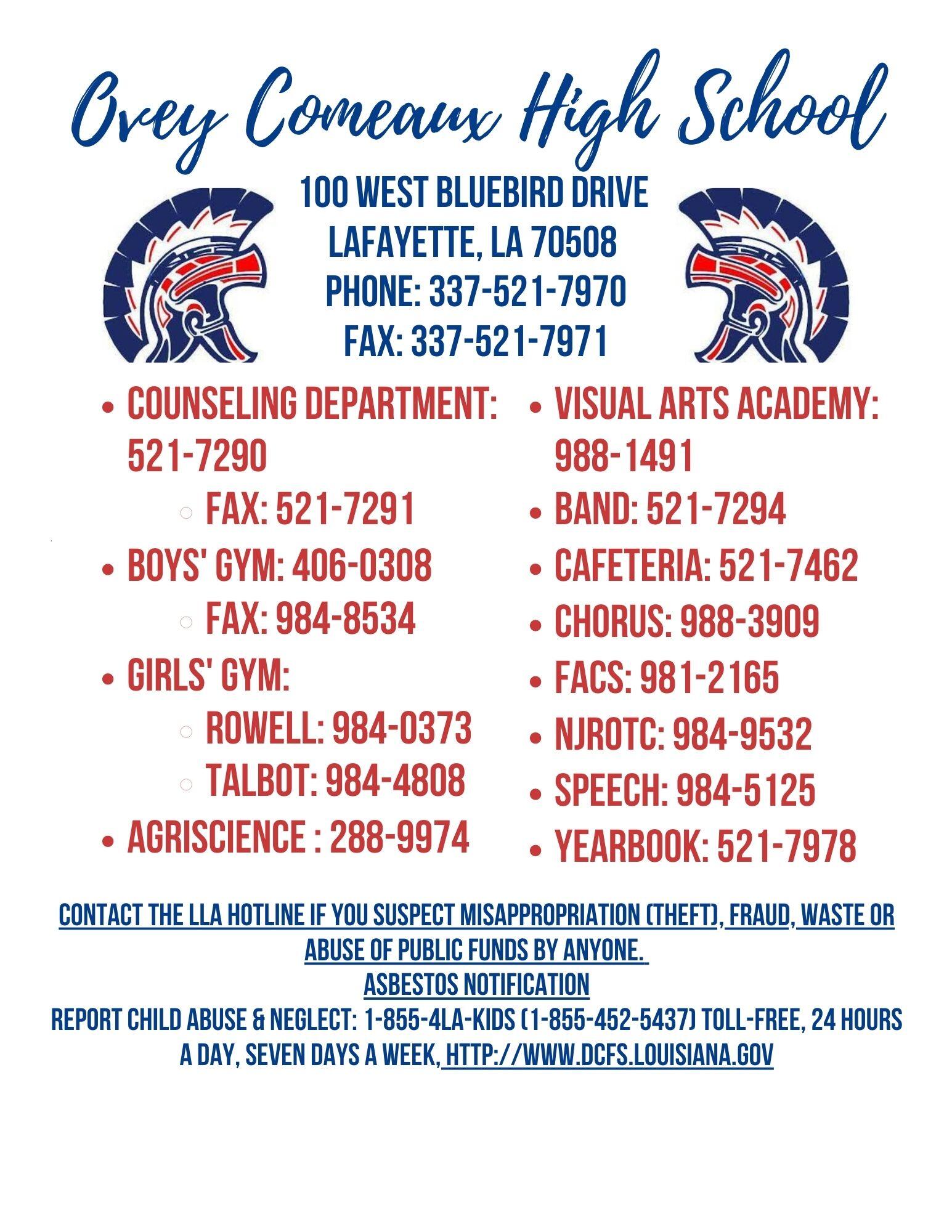 Important Contact numbers for OCHS